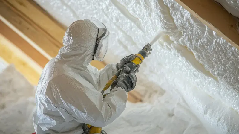 A worker spraying foam insulation in a home