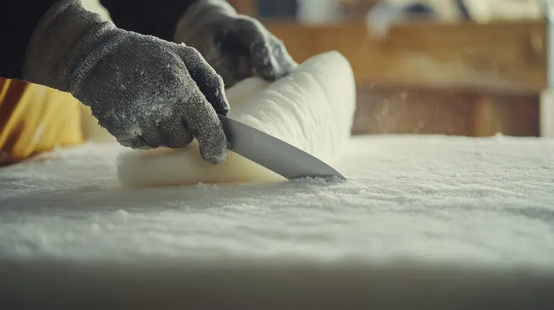 Worker cutting insulation foam during installation