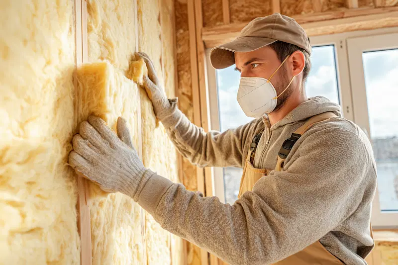 Worker installing insulation in a new home