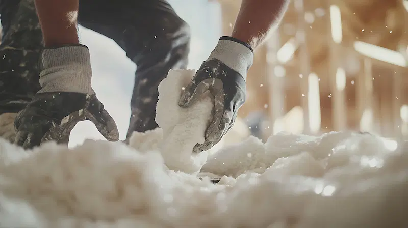A worker installing attic insulation