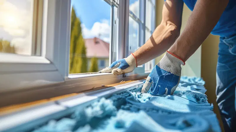A worker putting weather stripping to windows