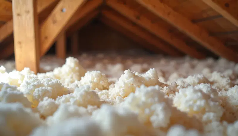 Close-up view of an attic filled with cellulose insulation