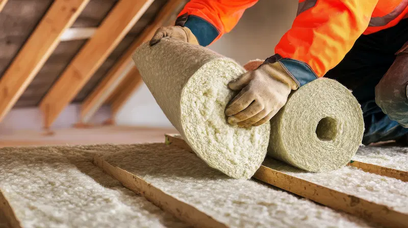 Fibreglass insulation being installed in attic