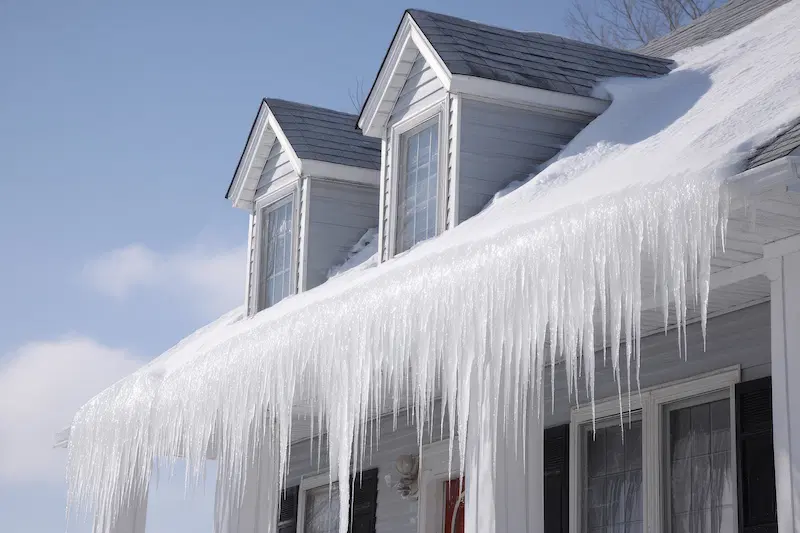 Ice dams on the roof during winter