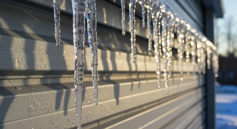 Icicles hanging from the garage door indicating extreme cold