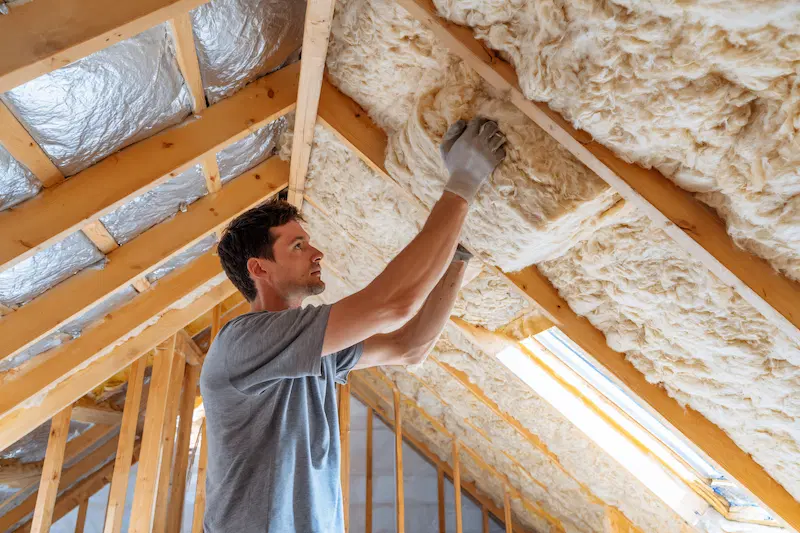 Man installing Insulation between attic roof joists