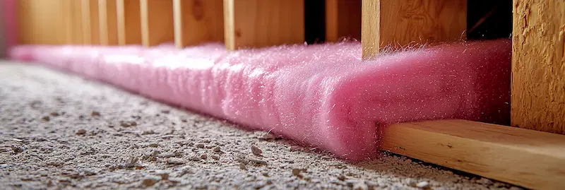 Pink fiberglass insulation on a building frame
