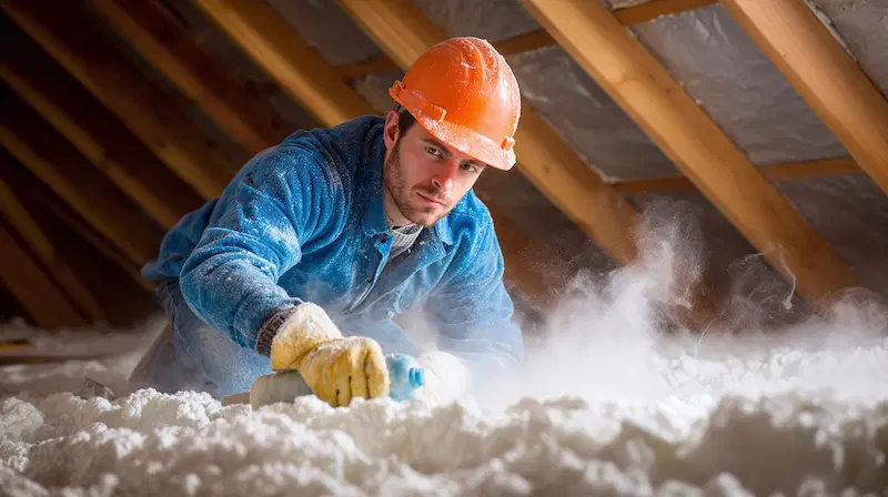 Professional attic insulation work using an applicator