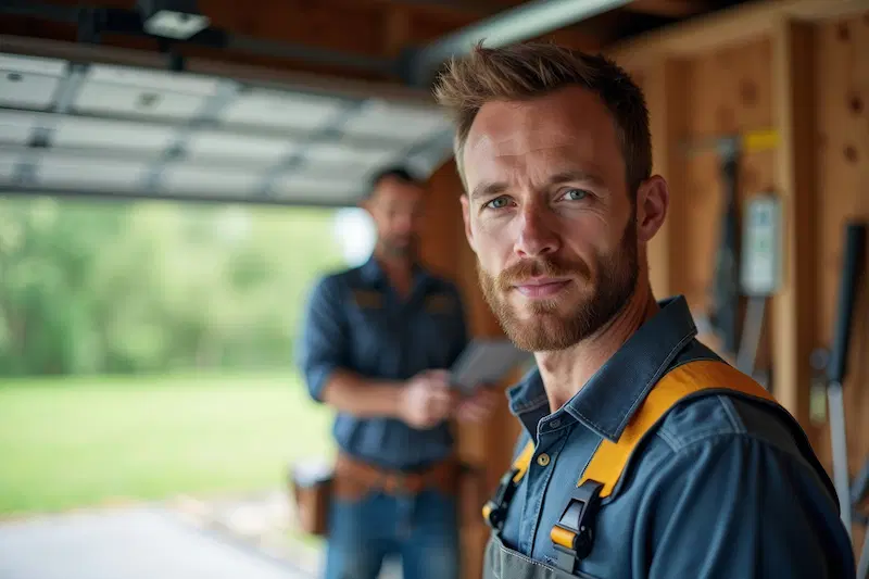 Professionals installing garage insulation