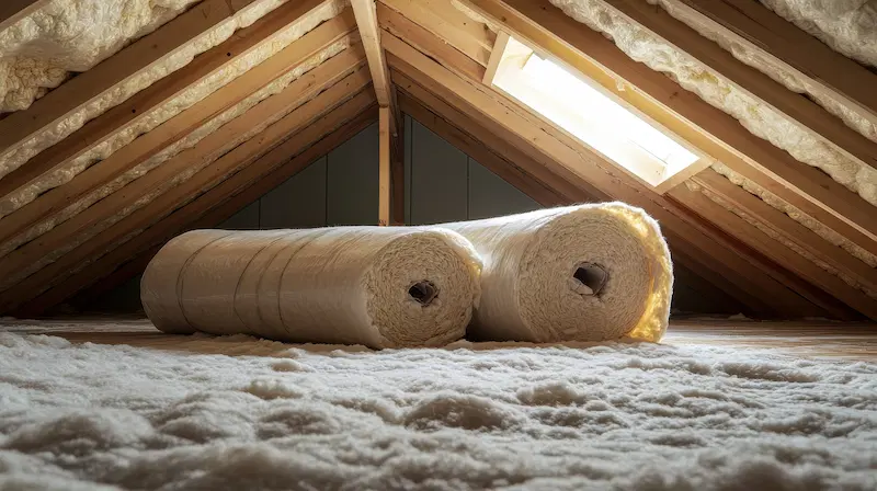 Rolls of home insulation materials in the attic