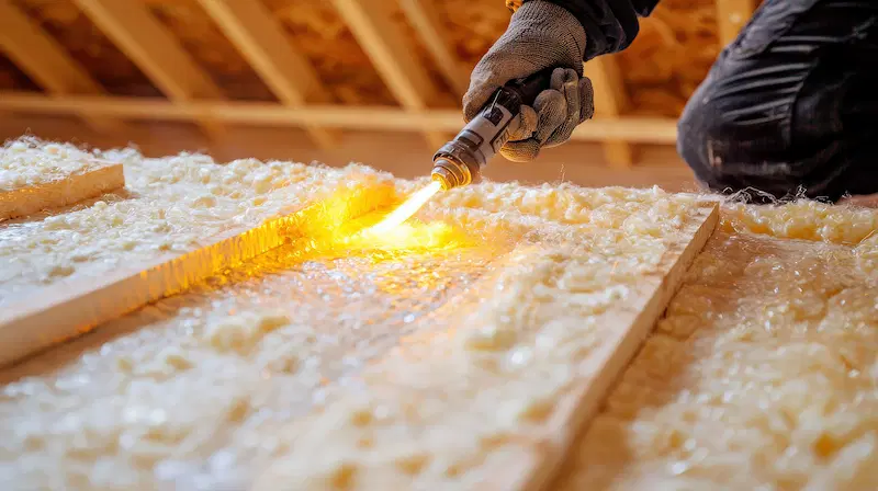 Technician using a blow torch for sealing insulation on a roof