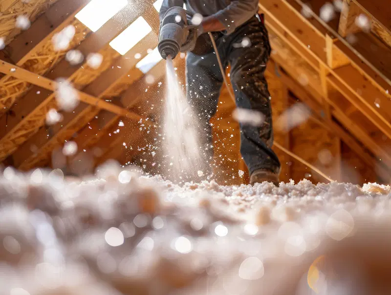 Worker installing blown-in insulation