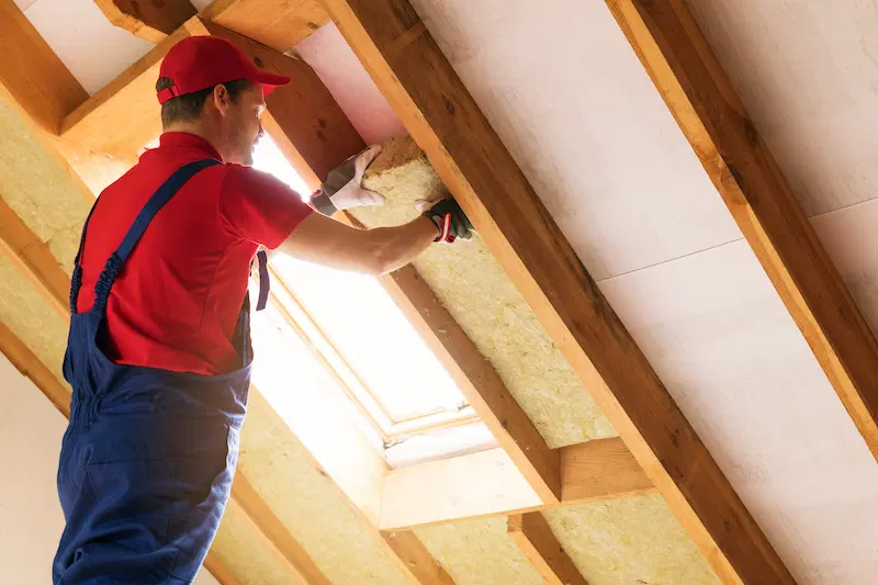 Worker installing insulation in wall